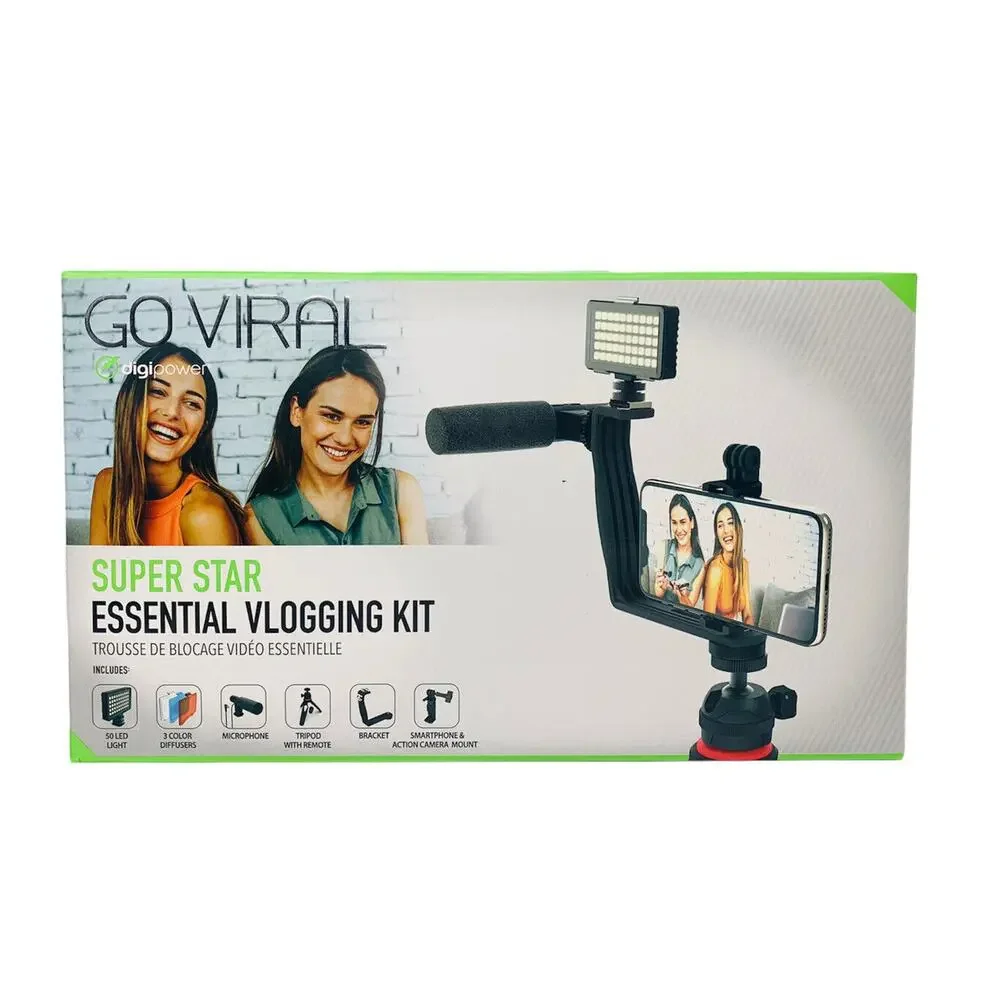 NEW GO VIRAL Super Star Vlogging Kit with LED Light Microphone‎ Tripod & Mount